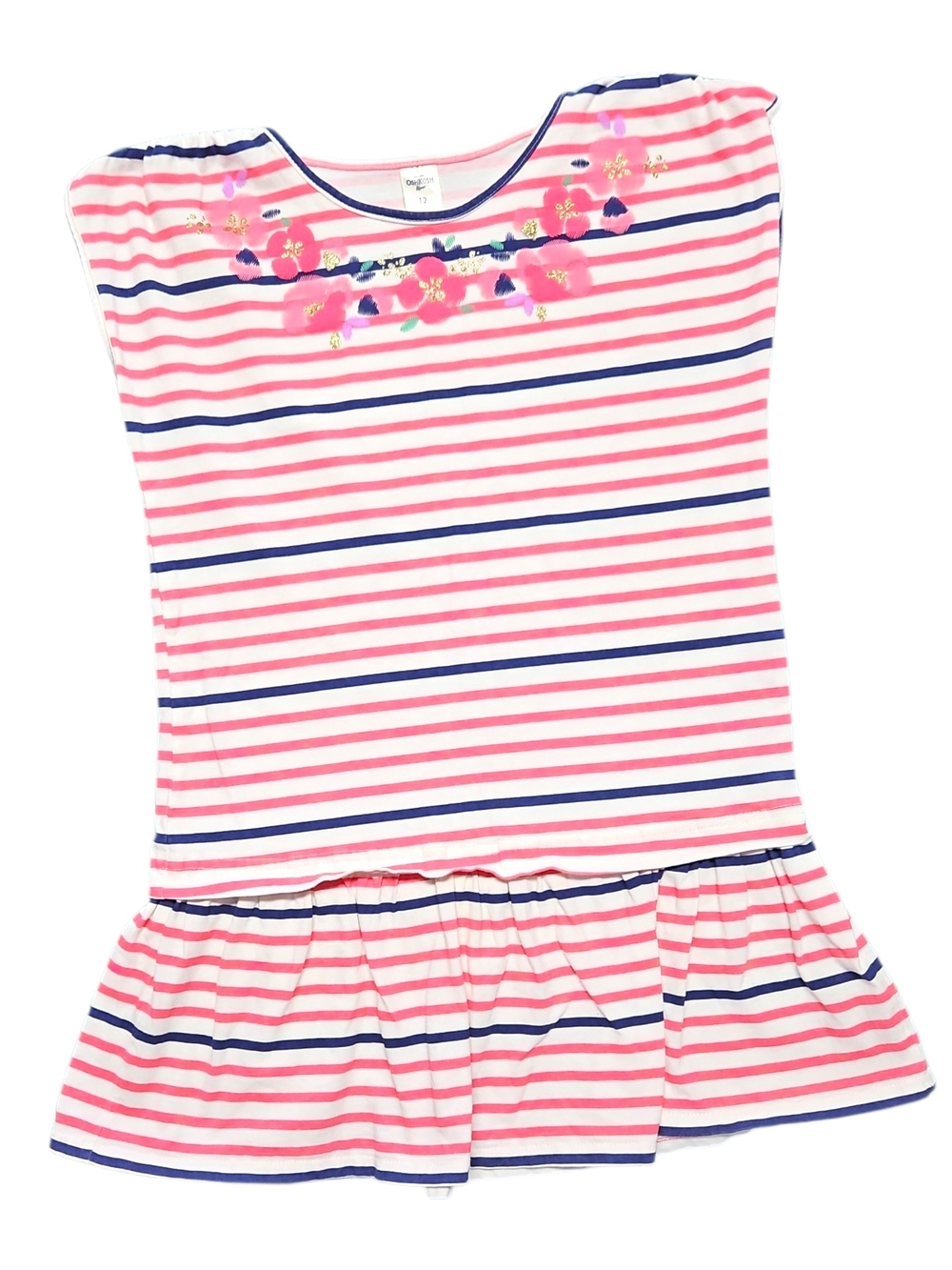 OshKosh B'gosh Girls Pink & White Striped Dress Size 12 Floral Gold Detail